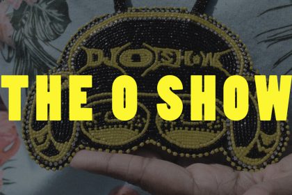 Image of a piece of beadwork with the words DJ O Show in it and then there is text over the image that says The O Show