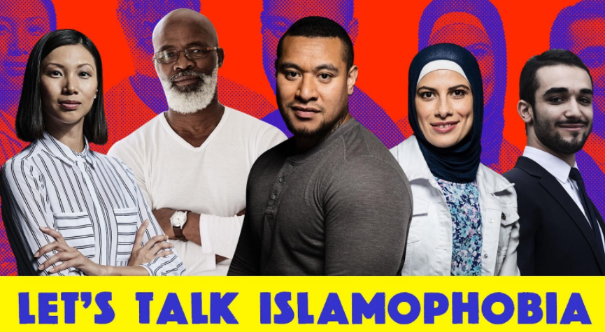 Image of five people standing in a row and the words "Let's Talk Islamophobia" below