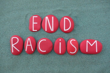 Gray background with red and white letters that say 'End Racism'