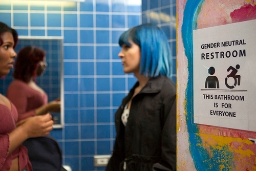 An image of two students in a gender neutral bathroom