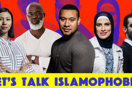 Image of five people standing in a row and the words "Let's Talk Islamophobia" below
