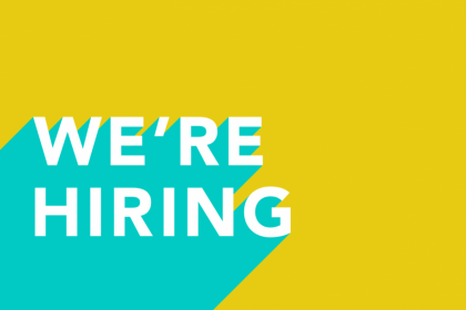Yellow background with blue streak coming from the bottom left corner. On the blue it has white text that says "We're hiring" in all capital letters.