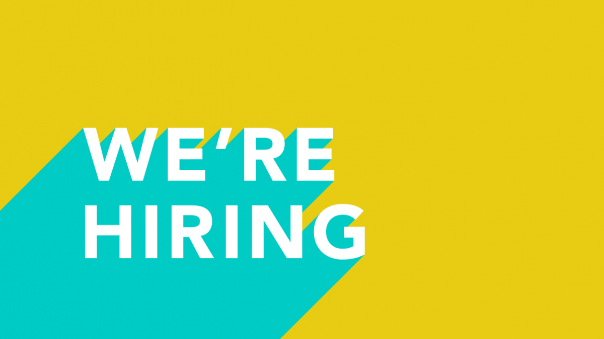 Yellow background with blue streak coming from the bottom left corner. On the blue it has white text that says "We're hiring" in all capital letters.