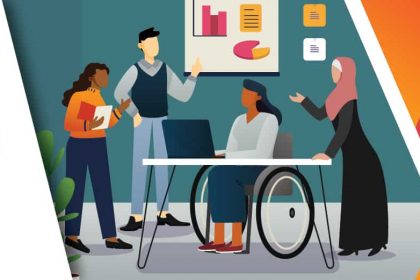 Banner image with the words "October is Disability Awareness Month". There is an image of a group of people gathered around a table, with one person sitting in a wheelchair.